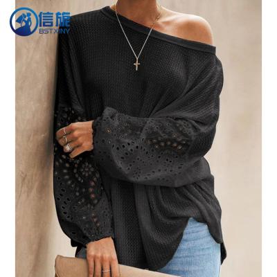 China New Solid Color Summer Anti-Wrinkle N0017 Loose Hollow-On-The-Shoulder Women's Long Sleeve Top for sale