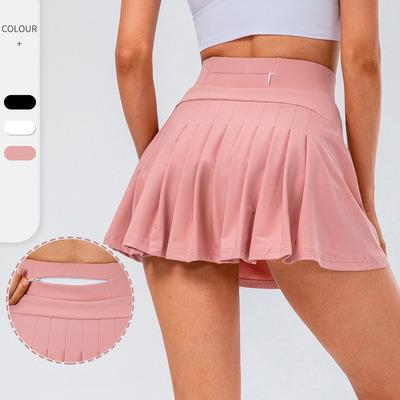 China Fashion Fitness Breathable Soft Nude Tennis Skirt Double Layer Dance Anti - Pleated Women Yoga Sports Running Breathable Skirt for sale