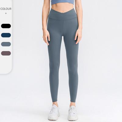 China Autumn Pants Women Breathable Double-sided Bare Cross Waist Slim Fitness Yoga Pants Skin-friendly for sale