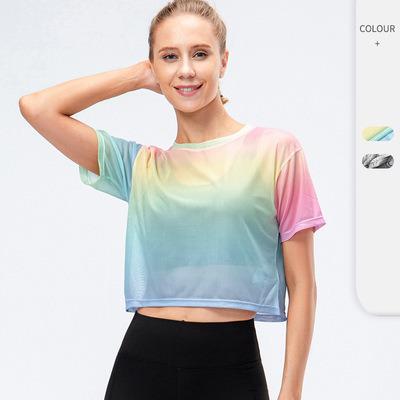 China Breathable Ladies Loose Running Fitness Short T-Shirt Fashion Tie Dye Print Sleeve Exercise Yoga Outdoor Training Top for sale