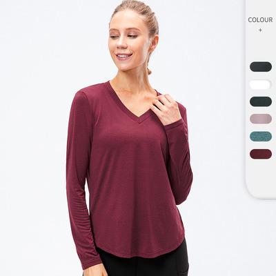 China New Breathable Long Sleeve Leisure Sports T-shirt V Collar Fashion Solid Color Fitness Women Yoga Loose Running Training Clothes for sale