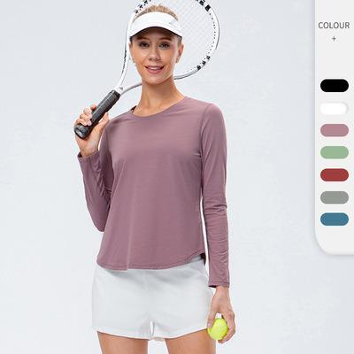 China Hot Sales Breathable Sports Girdle Loose Casual Irregular Breathable Round Suit Fitness Long Top Neck Edge T-shirt Yoga Women for sale