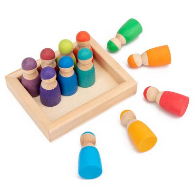 China Eco-friendly Material 12 Rainbow Friends Set Montessori Pretend Play Custom Kids Toy Mini Wooden Peg Doll Kit for sale