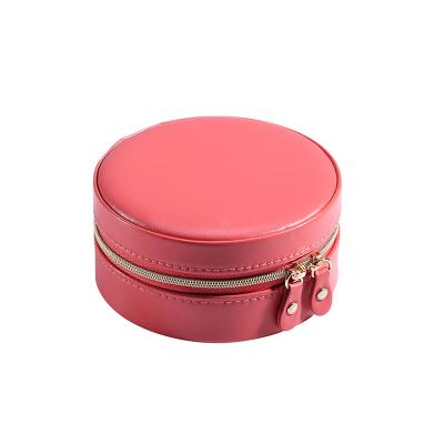 China 2021 Jewelry Package Wholesale Portable Round Travel PU Jewelry Box Organizer Storage Small Earrings Leather Necklace Ring Jewelery Case for sale