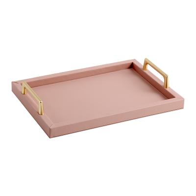 China Vintage PU Decor Organizer Tray Hotel Serving Tray With Gold Metal Viable Leather Handle Coffee Tea Storage Desk Tray for sale