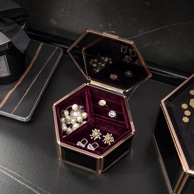 China Handmade Luxury Black Portable Hexagon Jewelry Organizer Box Ring Necklace Earings Travel Storage Glass Case Decoration for sale