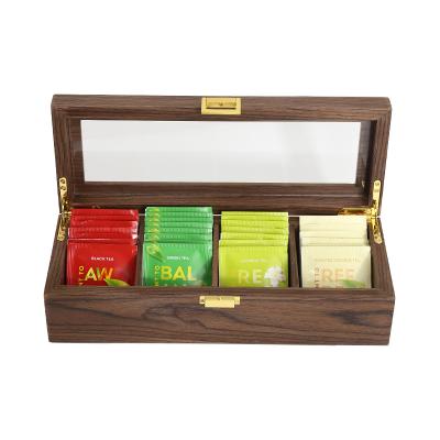 China Wholesale Luxury Viable Custom Storage Box Wedding Bridesmaid Gift Tea Bag Organizer Logo Handmade Solid Wooden 4 Compartments for sale