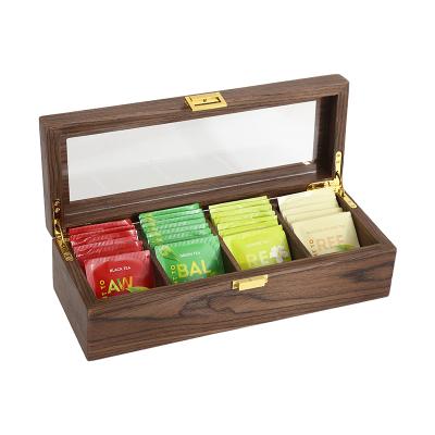 China Wholesale Sustainable Luxury Wooden 4 Compartments Tea Bag Organizer Box With Transparent Lid Tea Box Wedding Gift Storage Case for sale