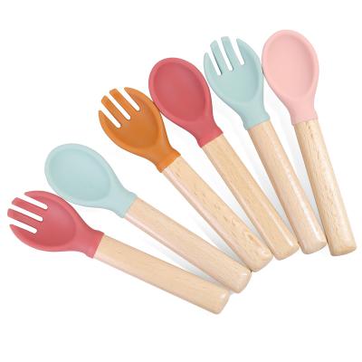 China Factory direct viable baby silicone spoon and wooden fork set for sale