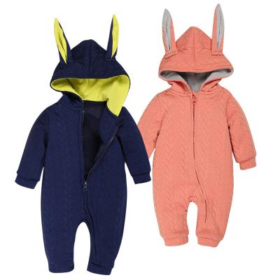 China Long Sleeve Rabbit Ears Zipper Solid Color Baby Hooded Overalls For Newborn Boys And Girls for sale