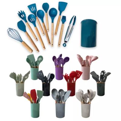 China Viable Silicone Kitchenware 12 Pieces 1 Set Silicone Kitchen Accessories Cooking Tools Kitchenware Wooden Handle for sale