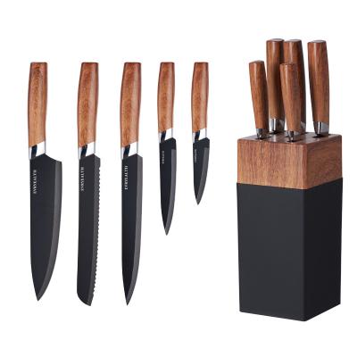 China Viable factory in stock 6 pieces of wood kitchen knife handle grain set non-stick coating knife set handle wood knives with stand for sale