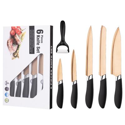 China Viable New Style Titanium Plating Grain 6 Pieces Drumstick Knife Kitchen Set Handle Gold Non-Stick Coating Knives With Gift Box for sale