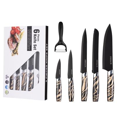 China Sustainable Exclusive New Design Set 6 Pieces Kitchen Knife Non Stick Coating Knife Set Leopard Print Handle Knives With Gift Box for sale