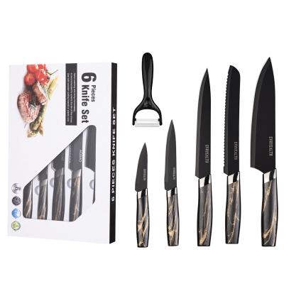 China Sustainable Exclusive Kitchen Knife Set In Stock 6 Pieces Marbling Handle Non-stick Coating Knife Set Gold Handle Knives With Gift Box for sale