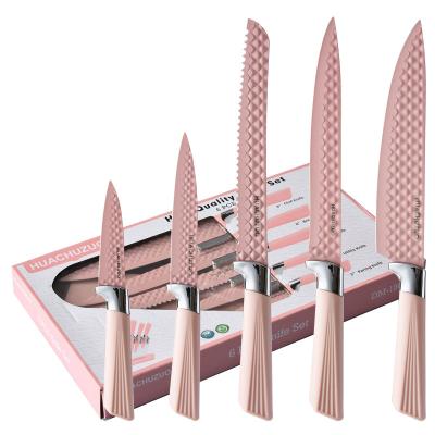 China Sustainable Diamond Grain 5 Pcs Kitchen Knife Set Stainless Steel Non-Stick Knives With Knife Holder Cooking Tools for sale