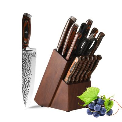 China Amazon Sustainable Knife Set 15 Pieces 30cr13 Damascus Steel Kitchen Knife Set Wooden Handle Knives Set With Wooden Block for sale