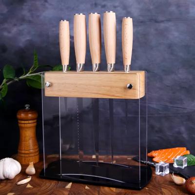 China Stainless Steel Serving Knife Chef Knife Set 5pcs Handle Viable Wood Kitchen Carving Knife Set With Acrylic Holder for sale