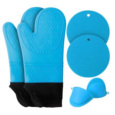 China Printed 6 Pcs Pack Long Silicone Oven Mitts Pot Holders Cotton Microwave Oven Pot Holders Silicone Baking BBQ Gloves Sets for sale