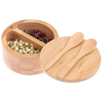 China Creative Amazon Hot Sustainable Condiment Bamboo Pot Double Compartment With Spoon Condiment Storage Bamboo Pot for sale