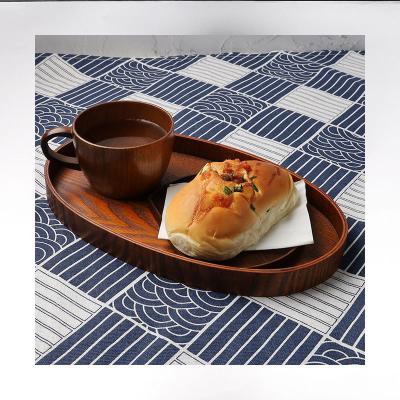 China Custom Wooden Modern Oval Natural Wood Sustainable Tray Handle Food Breakfast Tray Coffee Tray for sale