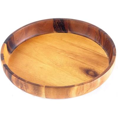 China Sustainable Wooden Serving Dish Crafted Natural Wood Round Serving Snack Tray Salad Fruit Dessert Cake Tea Large Tray for sale