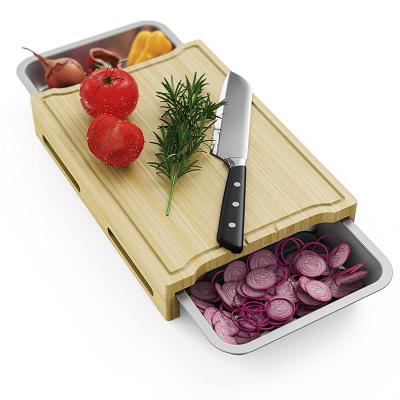 China Large Charcuterie Butcher Bamboo Wooden Cutting Board Sustainable Kitchen Block With Stainless Steel Tray for sale