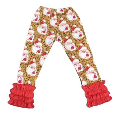 China Boutique casual clothing kids fashion long ruffle pants Santa Claus print Christmas party trimming kids pants for sale