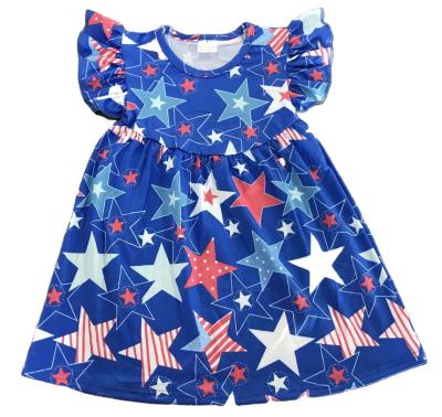 China Popular Girl's Summer Independence Day Girl's Beading Casual Blue Dress Star Color Baby Dress and National Flag Printing for sale