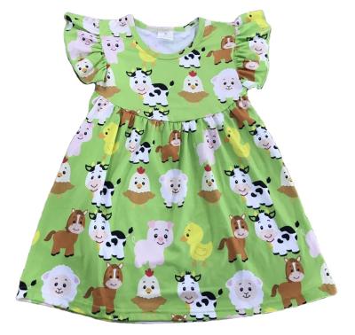 China Wholesale casual baby dress cow sheep print green color popular girl summer farm bead dress for sale