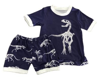 China Custom Baby Boutique Clothing Set Summer Boutique Dinosaur Print Short Sleeve Top Shorts Outfits Girls Dark Blue Wholesale Boutique Clothing for sale