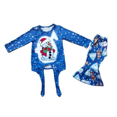 China RTS Newborn Casual Baby Clothing Tops And Pants Sets Snowman Cartoon Printing Blue Color Kids Girl Outfits for sale