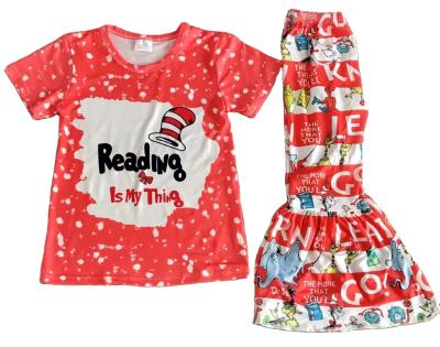 China RTS casual kids apparel cat cartoon print red color shorts top and bell pants festival kids girl outfits for sale