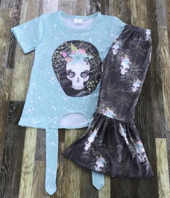 China Vintage Halloween Spider Web Skeleton Girls Flare Pants Set Knit Bottoms Kids Set for sale