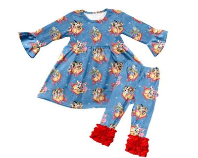 China Custom Kids Casual Sets Fashion Popular Cute Blue Sky Color Animals Print Long Sleeve Ruffle Pants Fall Kids Outfits for sale