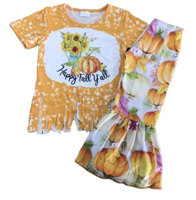 China Boutique Summer Baby Clothing Sets Bright Sunflower Print Short Sleeve Pumpkin Print Top Solid Pants Sets Girls Boutique for sale