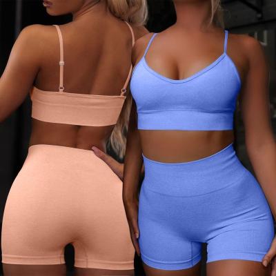 China 2021 summer women's breathable sports bra set two-piece seamless gym yoga and yoga shorts wholesale AM628 for sale