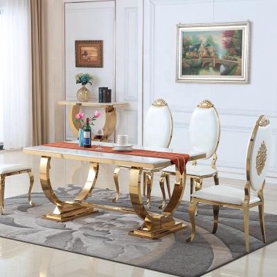 China Contemporary Bling Gold Visionary Home Luxury Lifestyle Bling Gold Plated Stainless Steel Base Marble Top Dining Table for sale