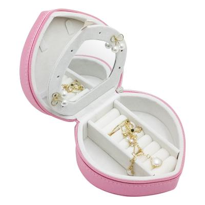 China Luxury Leather Heart Shape Folding Travel Jewelry Storage Box Leather Case With Mirror for sale