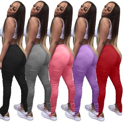 China Anti-wrinkle stacked pants with pockets drape 5 colors ladies solid color leggings women stacked sweatpants with ruched stacks split pant for sale