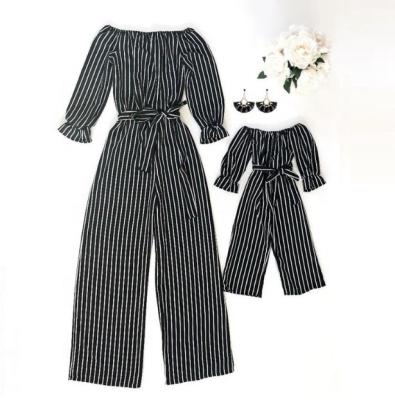 China QUICK DRY Mama and Me Onesie Family Matching Clothes Full Long Black Striped Print Romper Mother Daughter Dresses Matching Outfits for sale