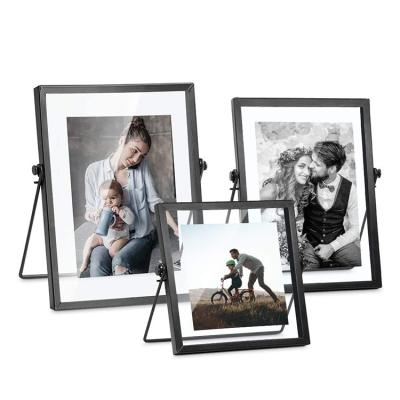 China 2021 NEW Simplicity Geometry Ornament Family Black Metal Wrought Iron Picture Frames Double Sided Glass Decoration Creative Picture for sale