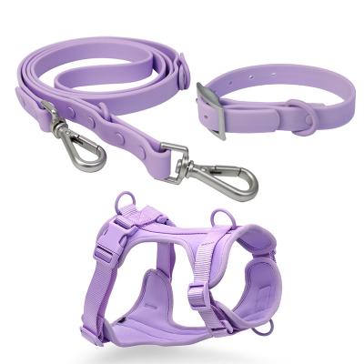 China Luxury Stocked PVC Pet Harness Dog Leash Set Waterproof Silicone 3 Pieces Adjustable Pet Leash Collar And Harness Set for sale