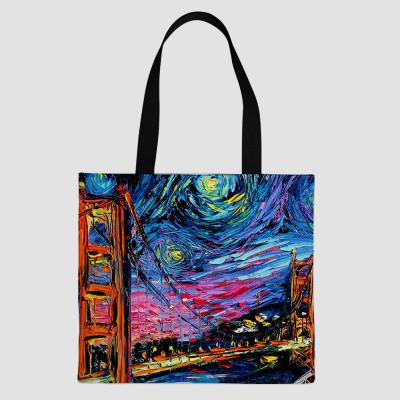 China Custom Print Fashion Polyester Painting Grocery Canvas Foldable Shopping Tote Bag Large for sale