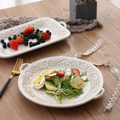 China Sustainable Creative American Oven Luster Relief Dinner Dish White Uniform Western Food Dish for sale