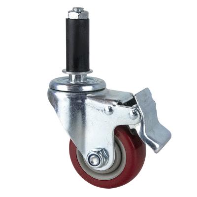 China CS-5 Rigid 3 Inch Swivel Stem Red Hard Rubber Expanding Caster With Locking Brake Industrial Heavy Duty Wheels Smooth Trolley Casters for sale