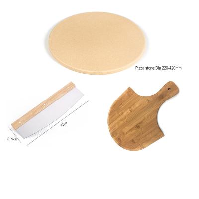 China Workable Round Pizza Stone Set With SS430 Wooden Bamboo Pizza Cutter Skin And Pizza Paddle Set Kit for sale