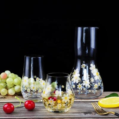 China Hot Sale Set Cups In Bulk Glass Jug Minimalist Hi-Ball Glass Tumbler Decal Sunflower Set Glass Water Bottle for sale