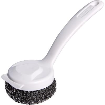 China High Quality Viable Multi Purpose Steel Ball Pot Brush With Handle Long Round Wire Steel Kitchen Cleaning Brush for sale