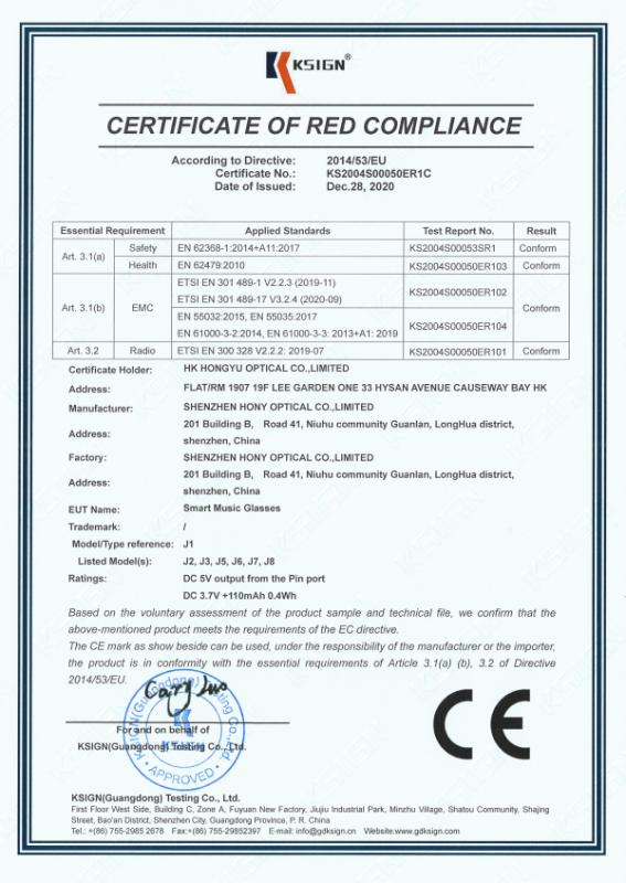 CE - Shenzhen Hony Optical Co., Limited